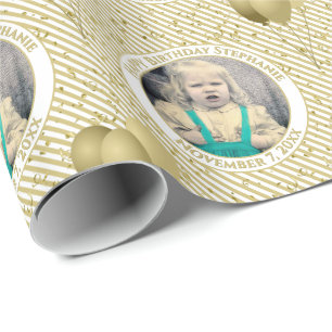 Your Text.Photo Gold/White Simple Stripes Pattern Wrapping Paper