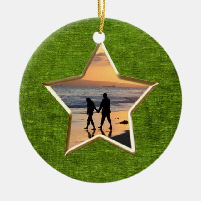  Your Text & Photo: Green Star-Shape Picture Frame Ceramic Ornament (Front)