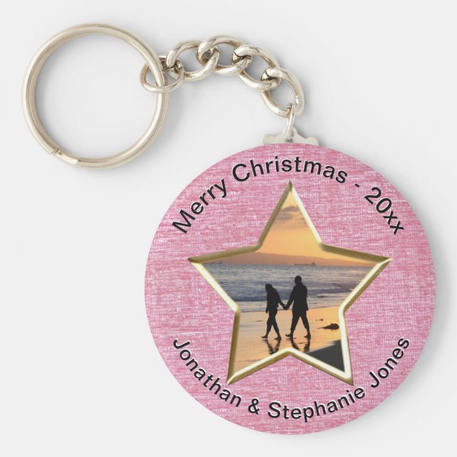  Your Text & Photo: Pink Star-Shape Picture Frame Key Ring (Front)