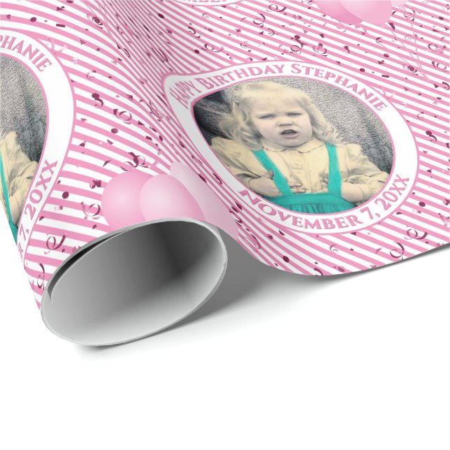 Your Text.Photo Pink/White Simple Stripes Pattern Wrapping Paper (Roll Corner)