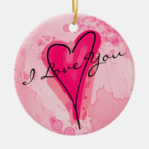 YOUR TEXT Pink Watercolor Heart Ceramic Ornament