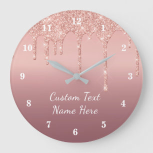 Your Text Rose Gold Blush Glitter Sparkle Drips Large Clock
