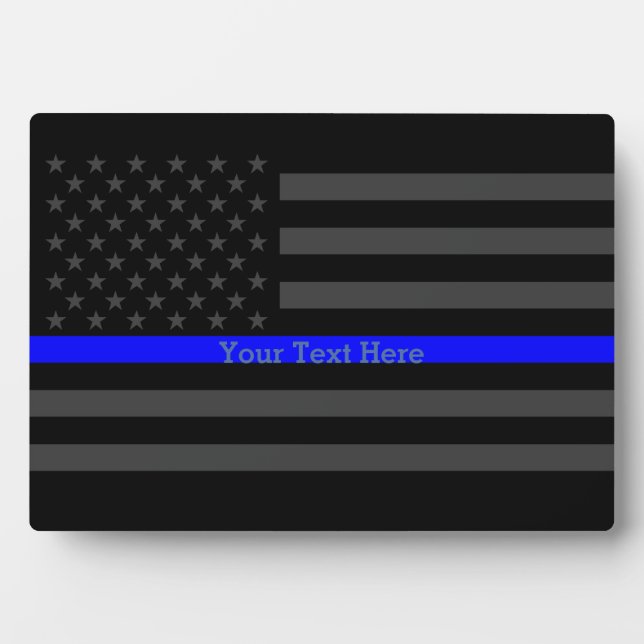 Your Text Thin Blue Line Black US Flag Display Plaque (Front)