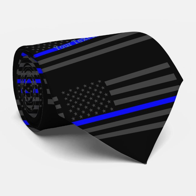 Your Text Thin Blue Line Custom Grey US Flag Tie (Rolled)