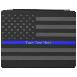 Your Text Thin Blue Line Theme Grey US Flag iPad Cover