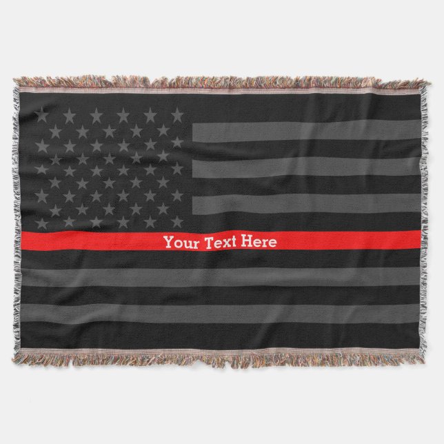 Your Text Thin Red Line Charcoal Black US Flag on Throw Blanket (Front)