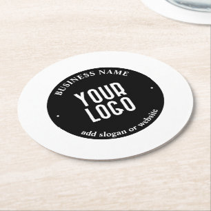 Your Text & Uploaded Logo   Editable Black & White Round Paper Coaster