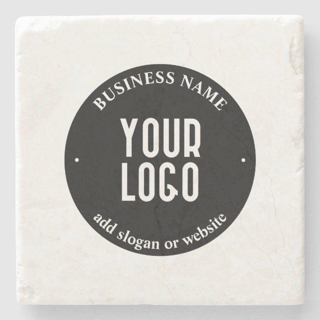 Your Text & Uploaded Logo | Editable Black & White Stone Coaster (Front)