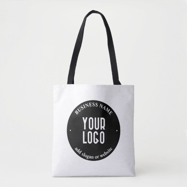 Your Text & Uploaded Logo | Editable Black & White Tote Bag (Front)