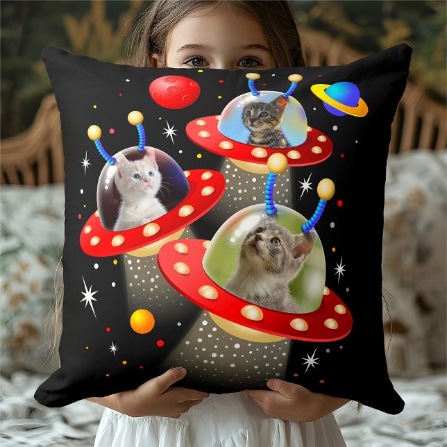 Your Three Cats Funny Sci-Fi UFO Space Alien Theme Cushion (Creator Uploaded)