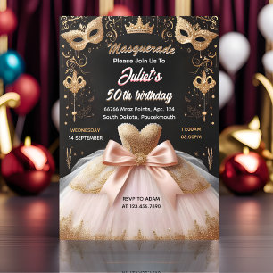 Your Tutu Black Gold Chic Masquerade 50th Birthday Invitation