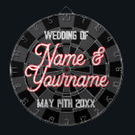 Your Wedding Names and Date on Black Charcoal Grey Dartboard<br><div class="desc">Your Wedding Names and Date in White Text (names are outlined in red colour) on Black and Charcoal Grey Dartboard. Makes a beautiful display at your wedding reception for some romantic fun and partying!</div>