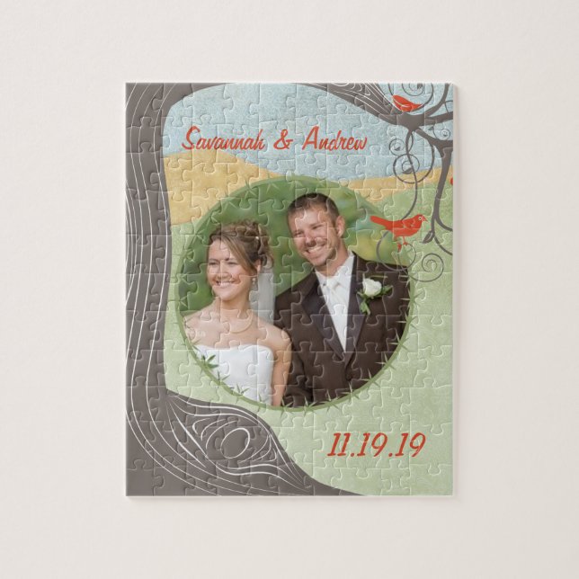 Your Wedding Photo Cute Wood Grain Tree Birds Jigsaw Puzzle (Vertical)