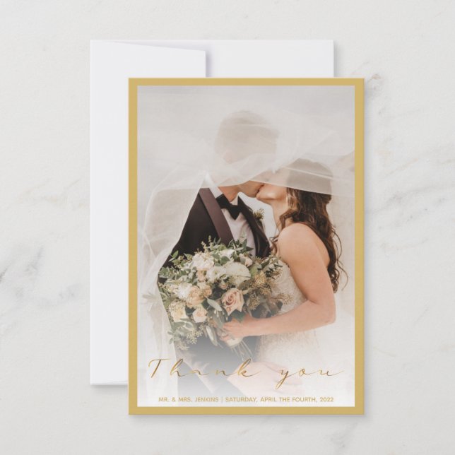 Your wedding photo, gold script and border  thank  thank you card (Front)