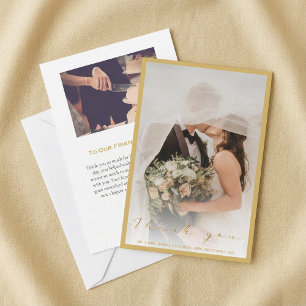 Your wedding photo, gold script and border thank you card