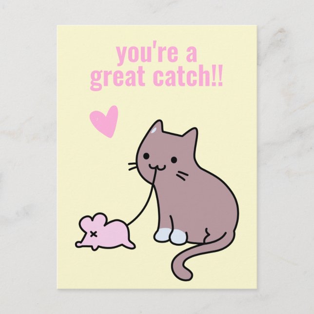 You're a Great Catch! Cute Cat Classroom Valentine Postcard (Front)