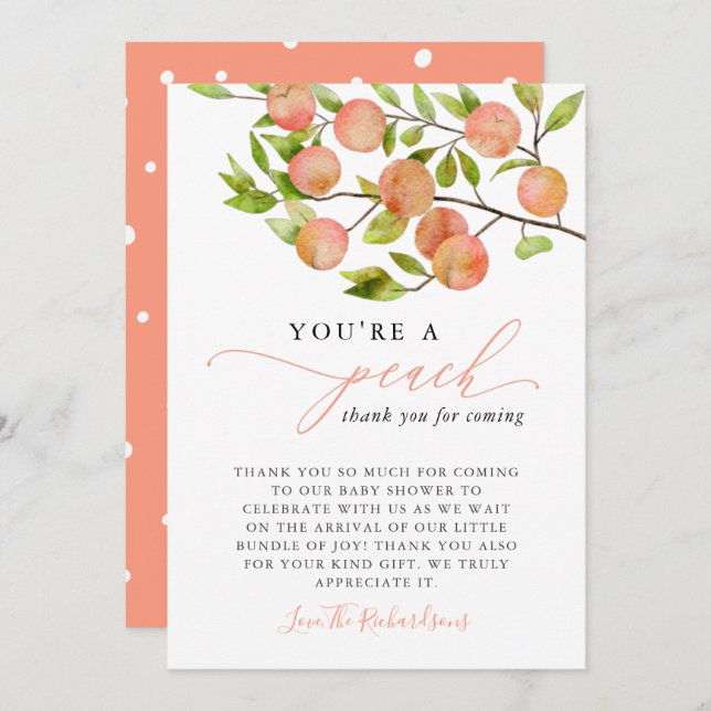 You're A Peach Baby Shower Thank You Card (Front/Back)