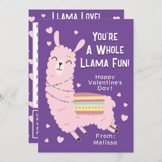 You're A Whole Llama Fun Classroom Valentine's Day Invitation (Front/Back)