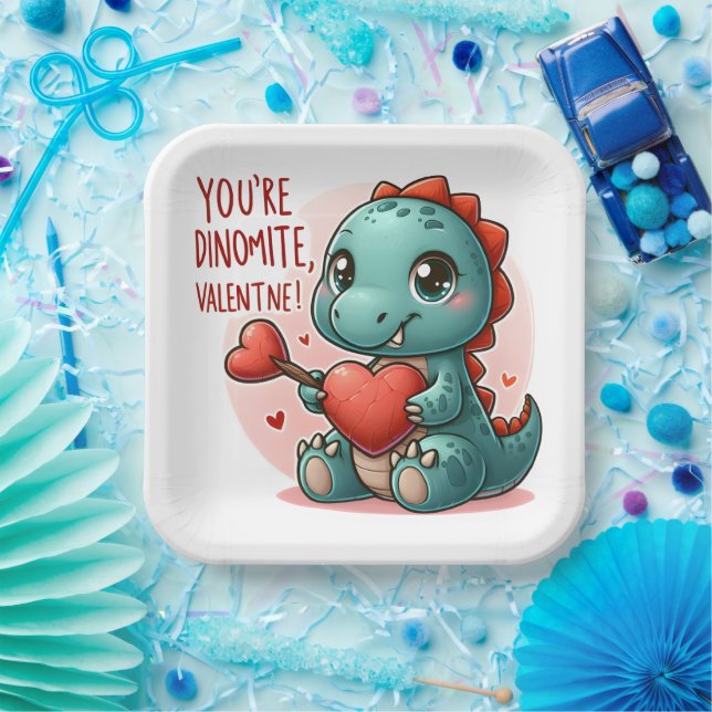Youre Dinomite Valentine Cute Dinosaur Love Paper Plate (Party)
