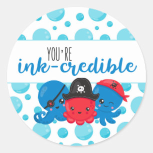 "You're ink-credible" Octopus Pirate Birthday Classic Round Sticker