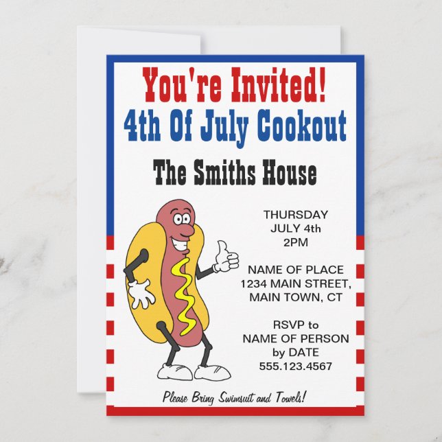 You're Invited 4th Of July Cookout Hot Dog Cartoon Invitation (Front)