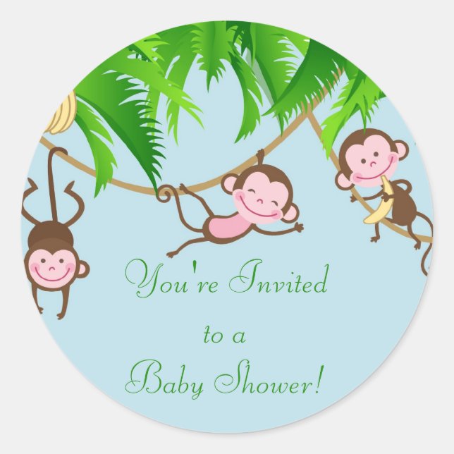 You're Invited Baby Monkeys Baby Shower Sticker (Front)