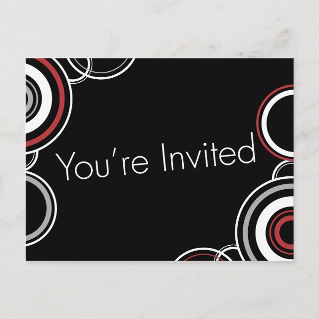 You're Invited - Black & Red Circles Invitation Postcard (Front)