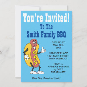 You're Invited Family BBQ Hot Dog Cartoon Blue Invitation