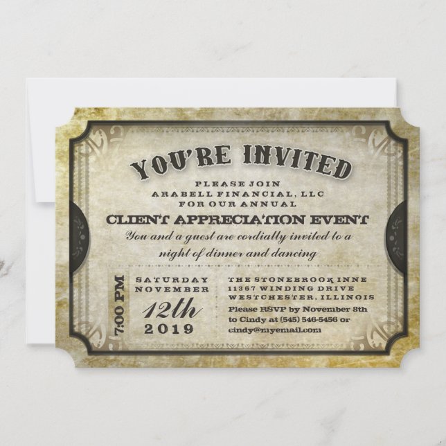 You're Invited Gold Antique Ticket General Invite (Front)