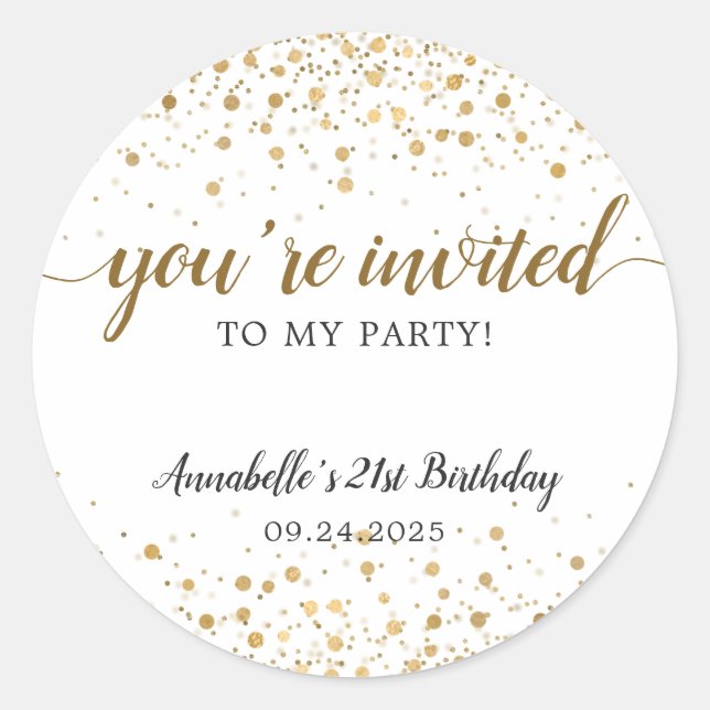 You're Invited Party Gold Confetti 21st Birthday Classic Round Sticker (Front)