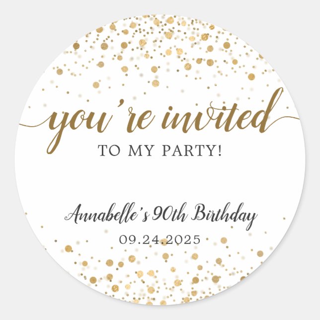 You're Invited Party Gold Confetti Dots Birthday Classic Round Sticker (Front)