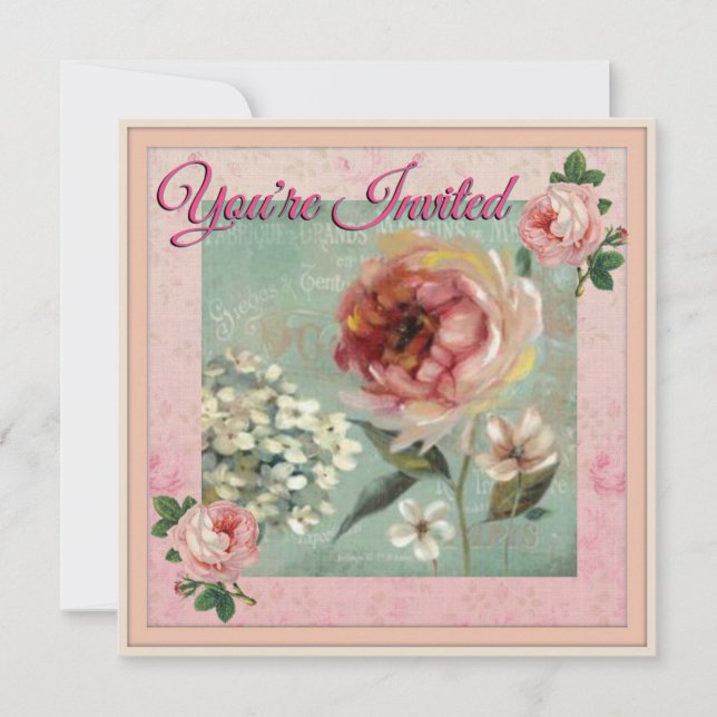 You're Invited Pink Floral Vintage Style Invitation (Front)