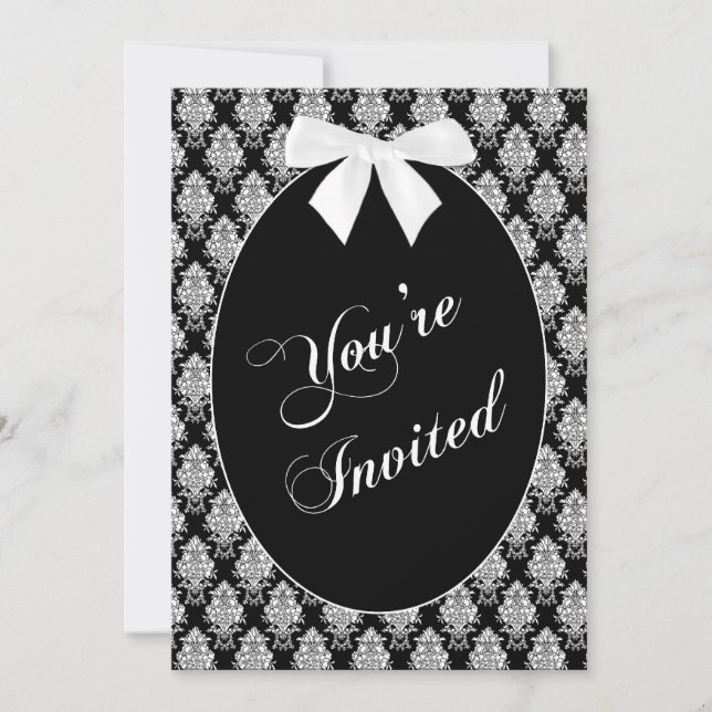 You're Invited, White/Black Damask Pattern, Oval Invitation (Front)