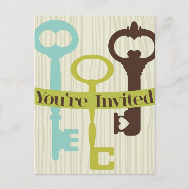 You're Invited with Keys and woodgrain Invitation Postcard (Front)