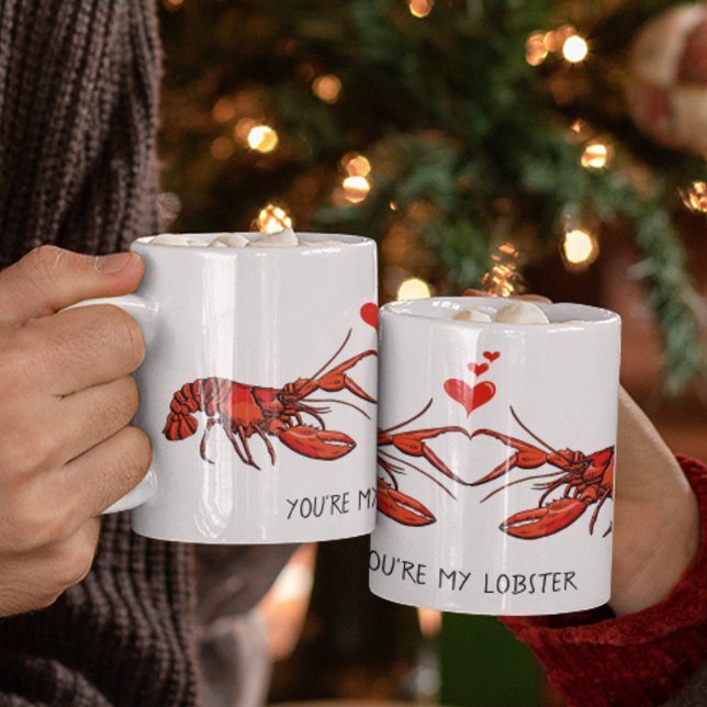 You're My Lobster Valentine's Day Coffee Mug (Cute You're My Lobster Valentine's Day Mug. 2 Hand Drawn Lobsters making a Heart sign & Red Hearts)