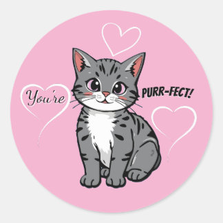 You're Purr-fect Animated Cat and Hearts Pink Classic Round Sticker