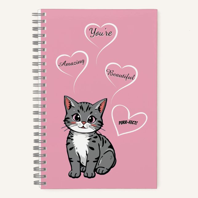 You're Purr-fect Animated Cat and Hearts Pink Notebook (Front)