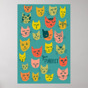 You're Purrfect! Colourful Crazy Cats Illustration Poster