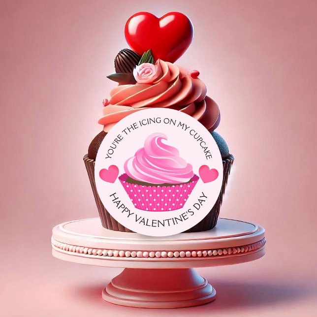 You're the Icing Happy Valentine's Day Cupcake Classic Round Sticker (You're the icing on my cupcake Valentine's sticker to seal you packaging or use as cake picks.)