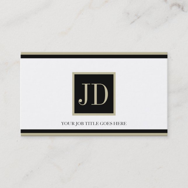 YourJobTitle White Blk/Tan Square Monogram Plaque Business Card (Front)