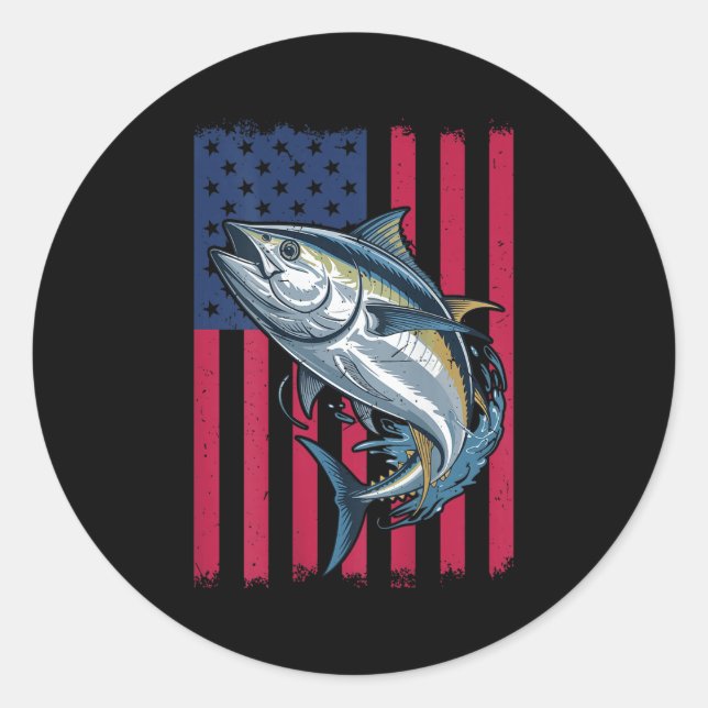 Youth Boys Deep Sea Fishing American Flag Bluefin  Classic Round Sticker (Front)