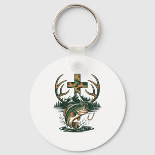 Youth Camo Faith Hunting Fishing Cross Fisherman C Key Ring