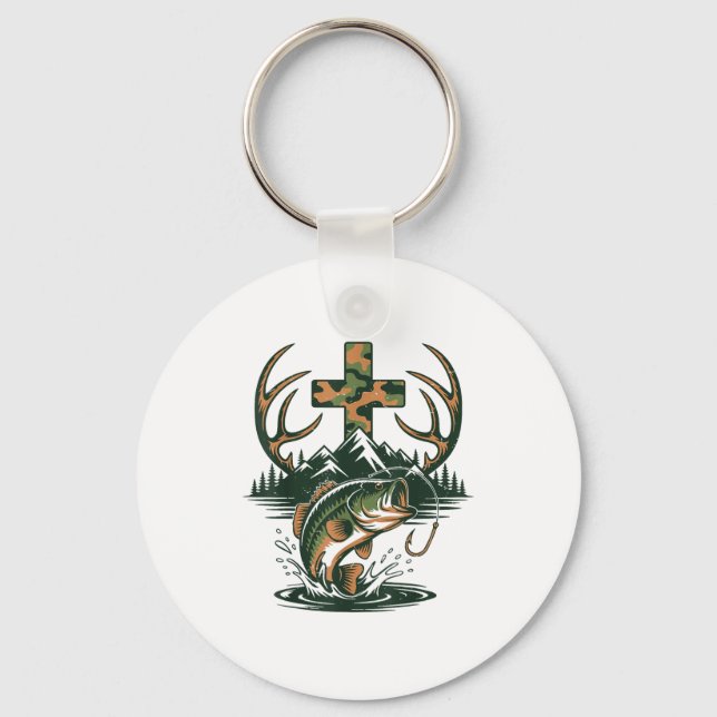 Youth Camo Faith Hunting Fishing Cross Fisherman C Key Ring (Front)