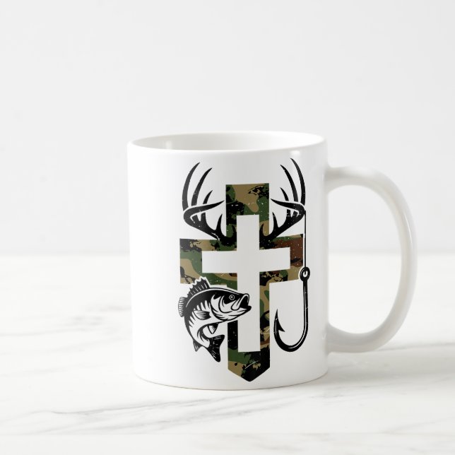 Youth Camo Faith Hunting Fishing Cross Hook Christ Coffee Mug (Right)