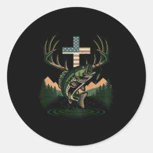 Youth hunting faith fishing cross camo christian classic round sticker