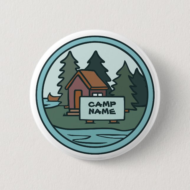 Youth summer camp island cabin w/custom sign 6 cm round badge (Front)