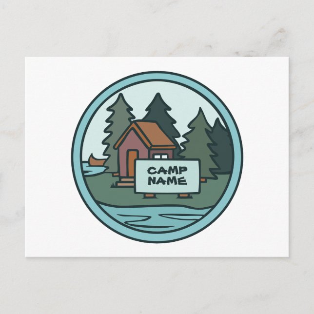Youth summer camp island cabin w/custom sign postcard (Front)