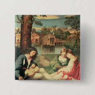 Youth with a guitar and two girls sitting 15 cm square badge