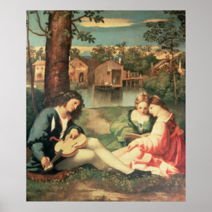 Youth with a guitar and two girls sitting poster