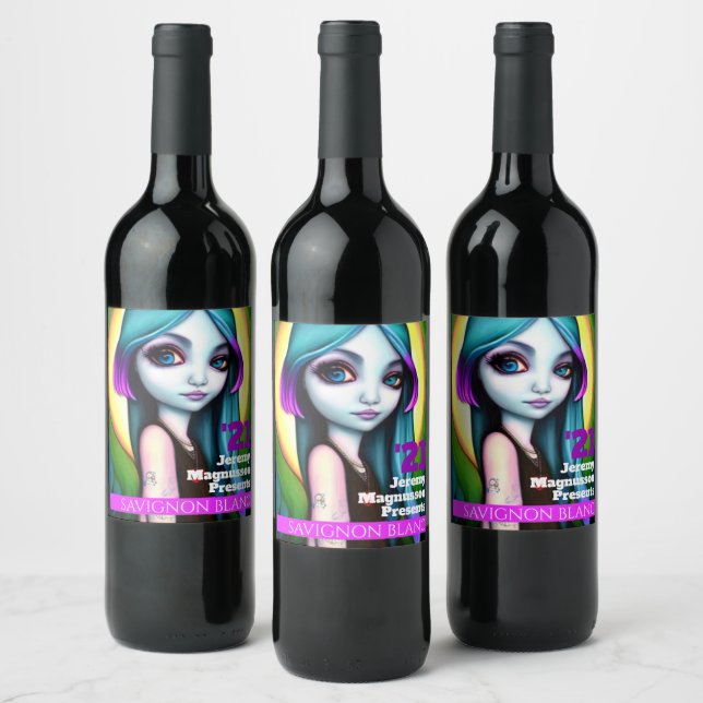 Youthful blue-pink ombre colour hair girl custom wine label (Bottles)